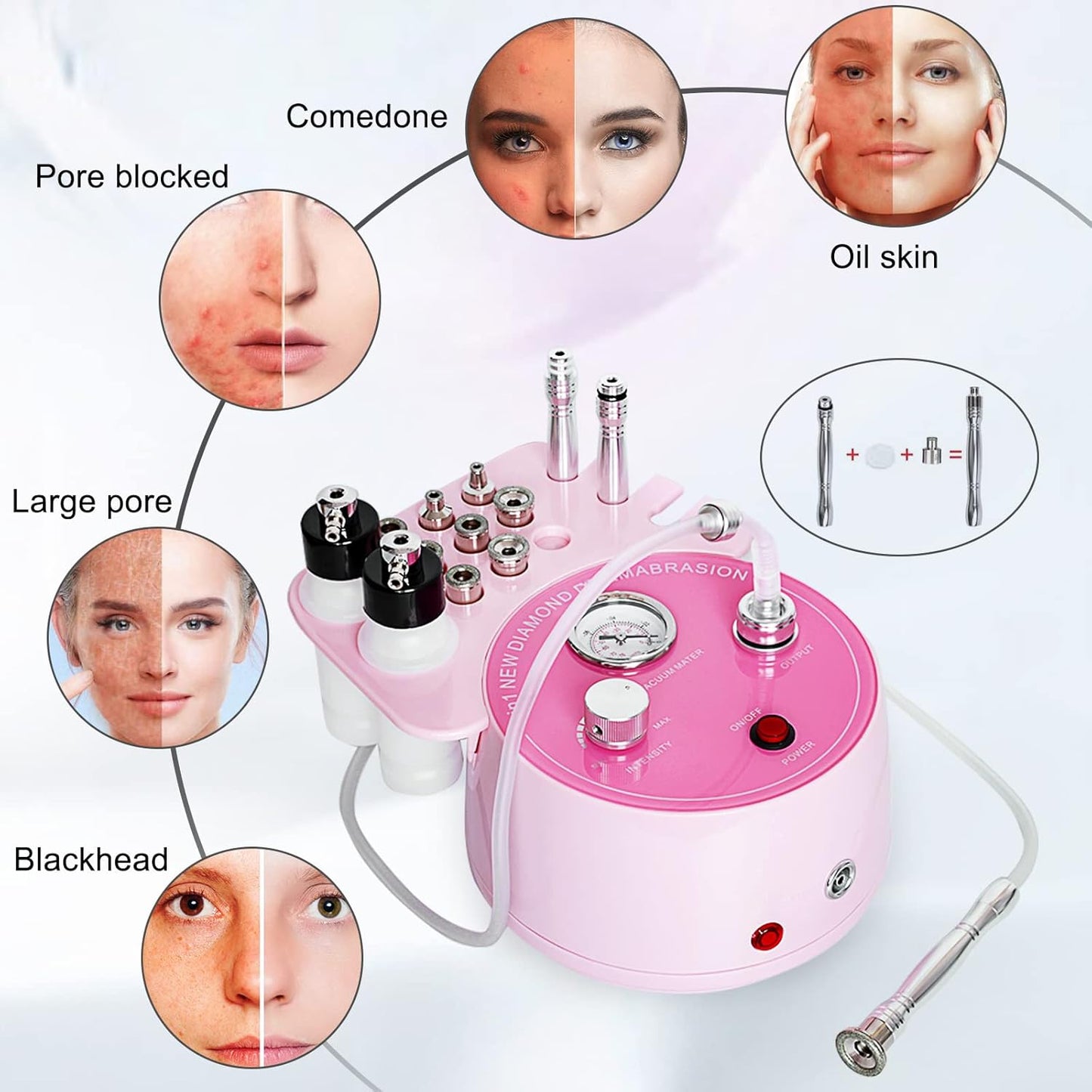 Pink Diamond Microdermabrasion device Facial Beauty Equipment Skin Care for Vacuum Blackhead Removal & Spray, Suction Power 0-70 cmHg