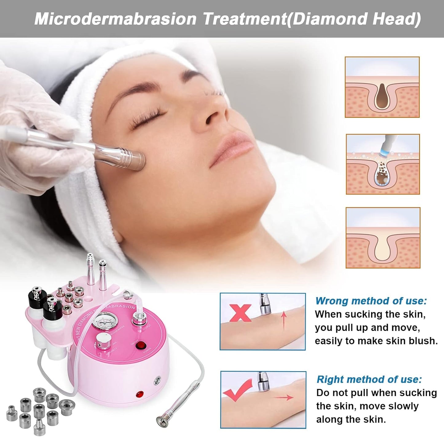 Pink Diamond Microdermabrasion device Facial Beauty Equipment Skin Care for Vacuum Blackhead Removal & Spray, Suction Power 0-70 cmHg