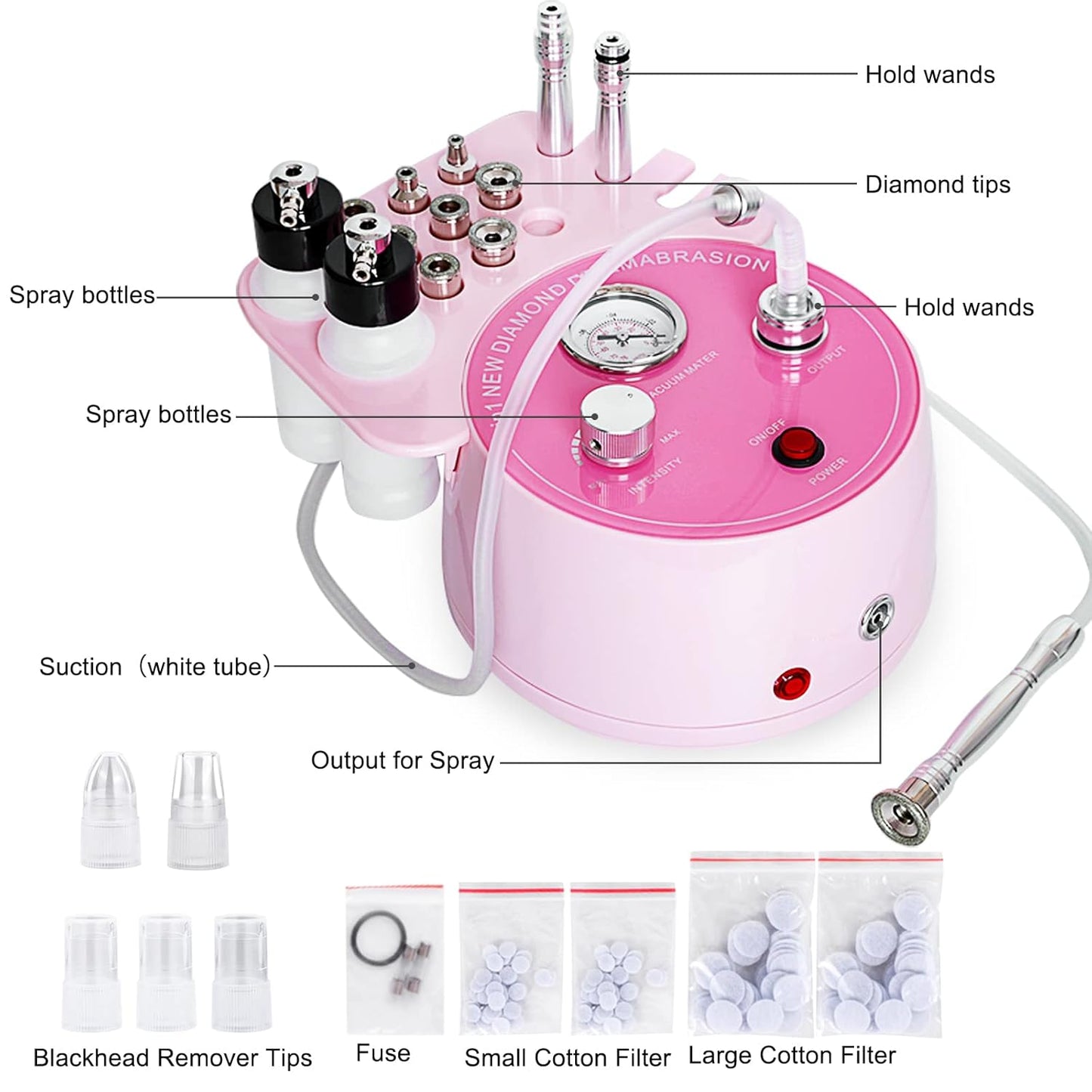 Pink Diamond Microdermabrasion device Facial Beauty Equipment Skin Care for Vacuum Blackhead Removal & Spray, Suction Power 0-70 cmHg