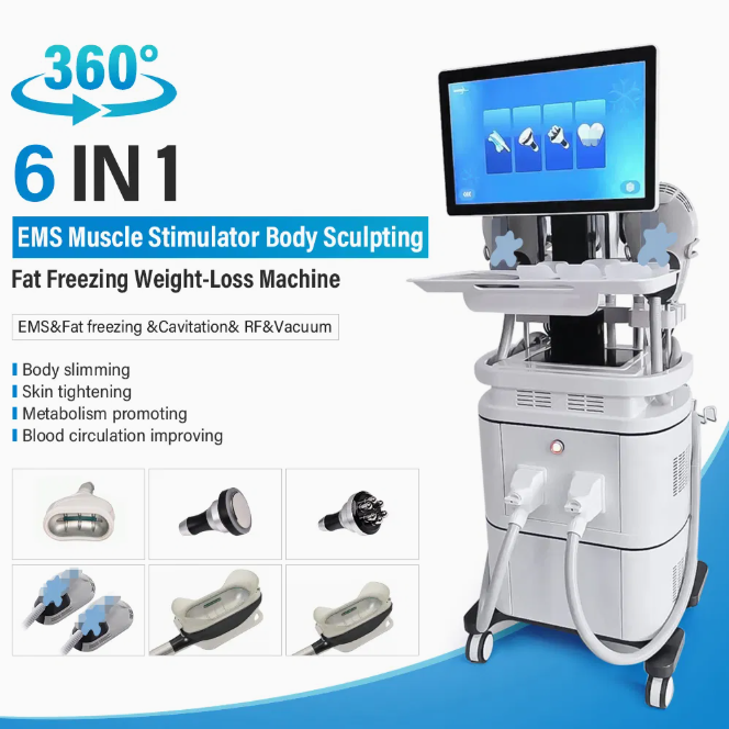 360-Degree 6 in 1 Cryo and RF Vacuum 40K Cavitation EMS Muscle Stimulator Body Sculpting Fat Freezing Slimming Machine